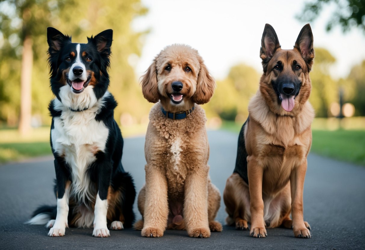 A border collie, poodle, and German shepherd sit in a row, showcasing their intelligence through obedient behavior and problem-solving skills