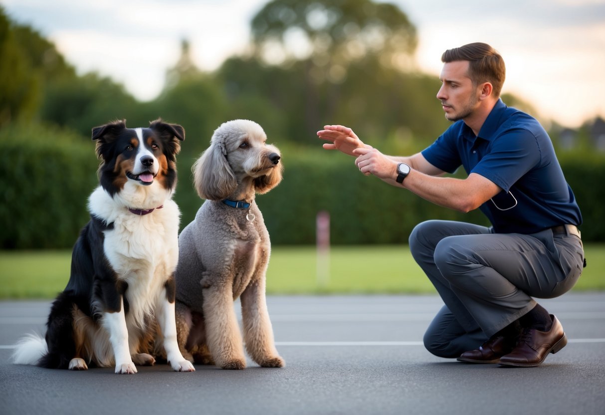A border collie and a poodle sit side by side, attentively watching their owner demonstrate a series of complex commands
