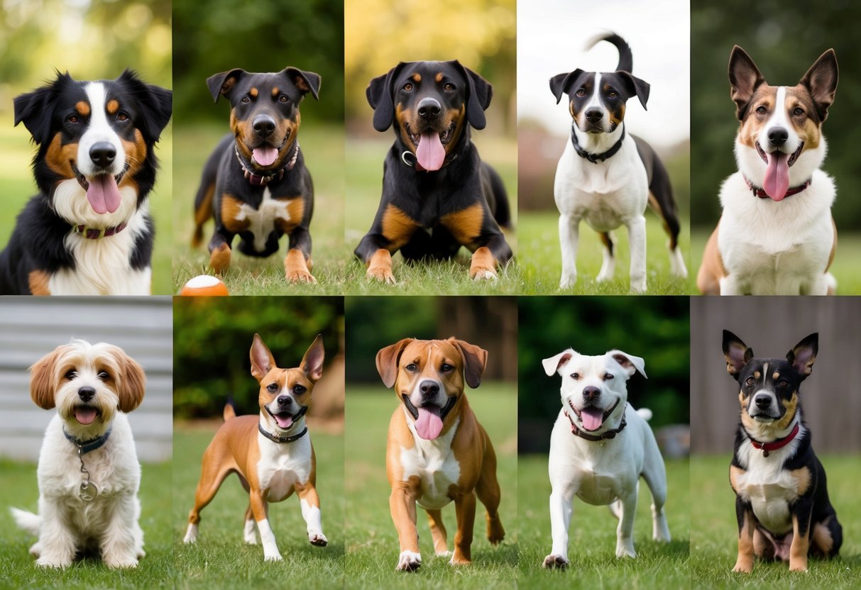 A group of ten different dog breeds, each displaying intelligence through various activities such as problem-solving, obedience, and agility training