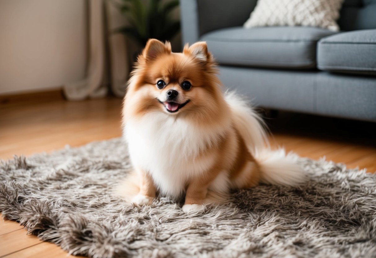 A fluffy Pomeranian dog sits on a cozy rug, resembling a teddy bear with its round ears and small, dark eyes