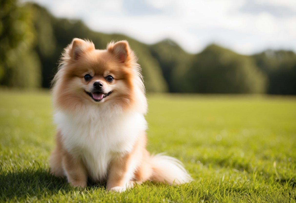 A fluffy Pomeranian dog sitting on a grassy field, resembling a teddy bear with its round face and small, perky ears