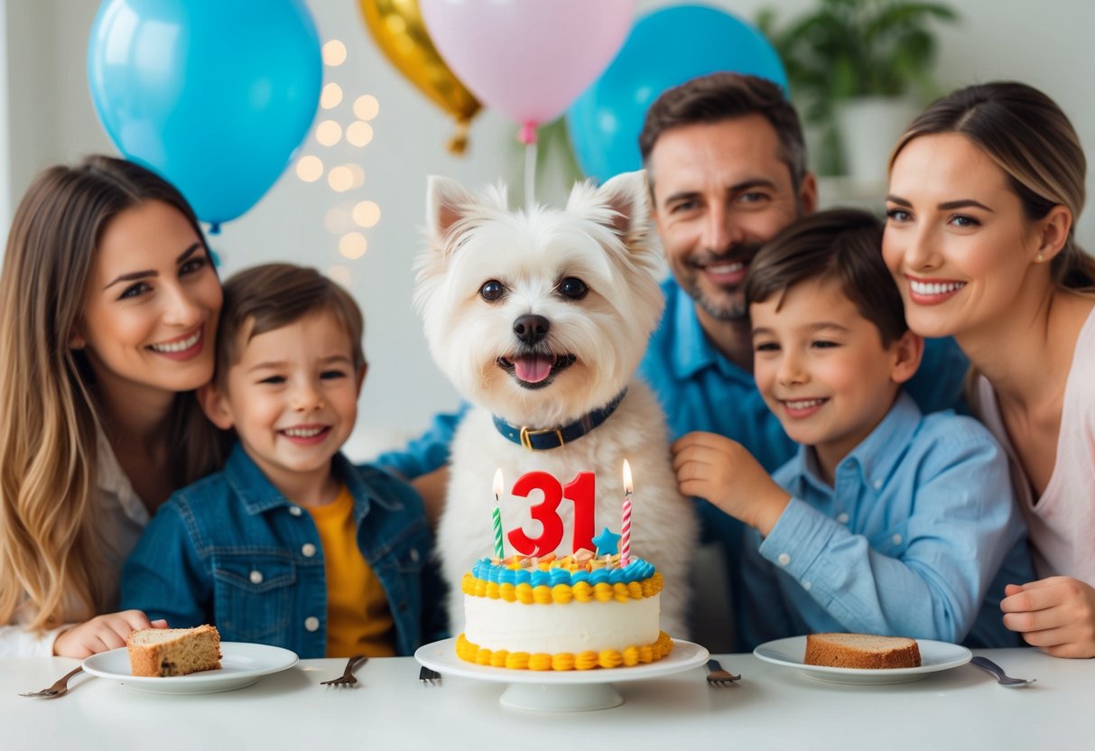 A small, fluffy white dog with a wagging tail and bright eyes, surrounded by a loving family and celebrating its 31st birthday with a cake and balloons