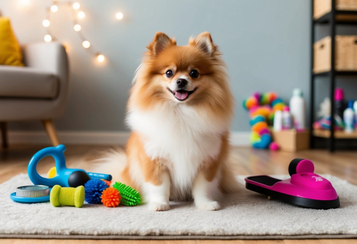 A fluffy Pomeranian dog sitting on a soft rug, surrounded by toys and grooming supplies