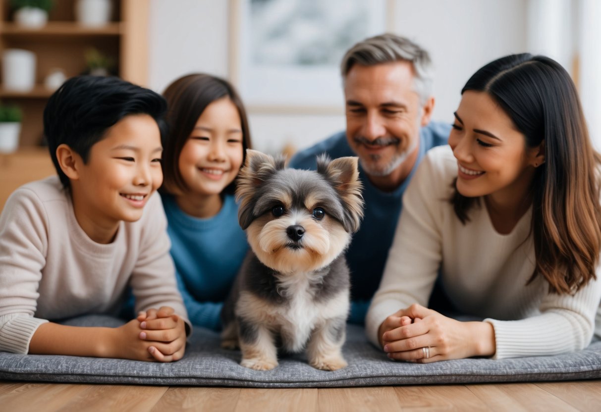 A small, fluffy mixed-breed dog with a gray muzzle and bright eyes, surrounded by loving family members in a cozy home setting