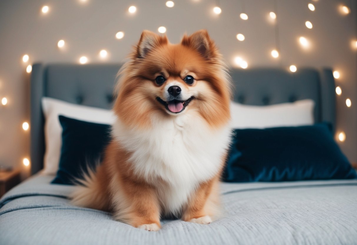 A fluffy Pomeranian dog sits on a bed, resembling a teddy bear with its round face and fur