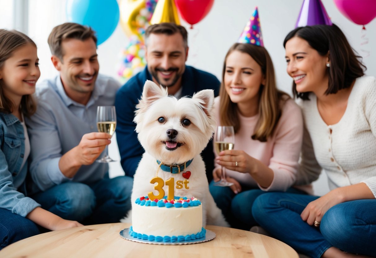 A small, fluffy white dog with a wagging tail and bright eyes, surrounded by a loving family, celebrating its 31st birthday with a cake and balloons