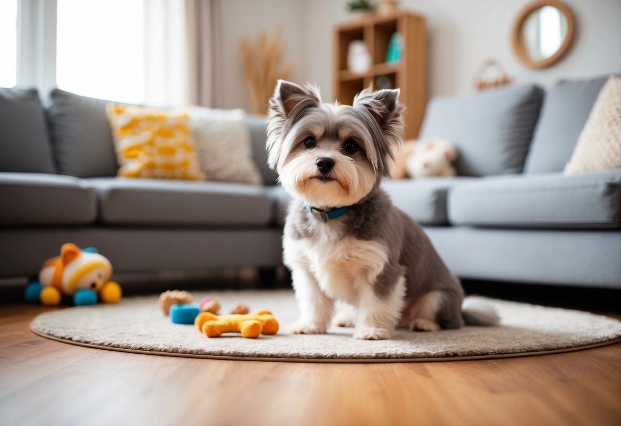 A small, fluffy dog with a gray and white coat, sitting contentedly in a cozy living room surrounded by toys and treats