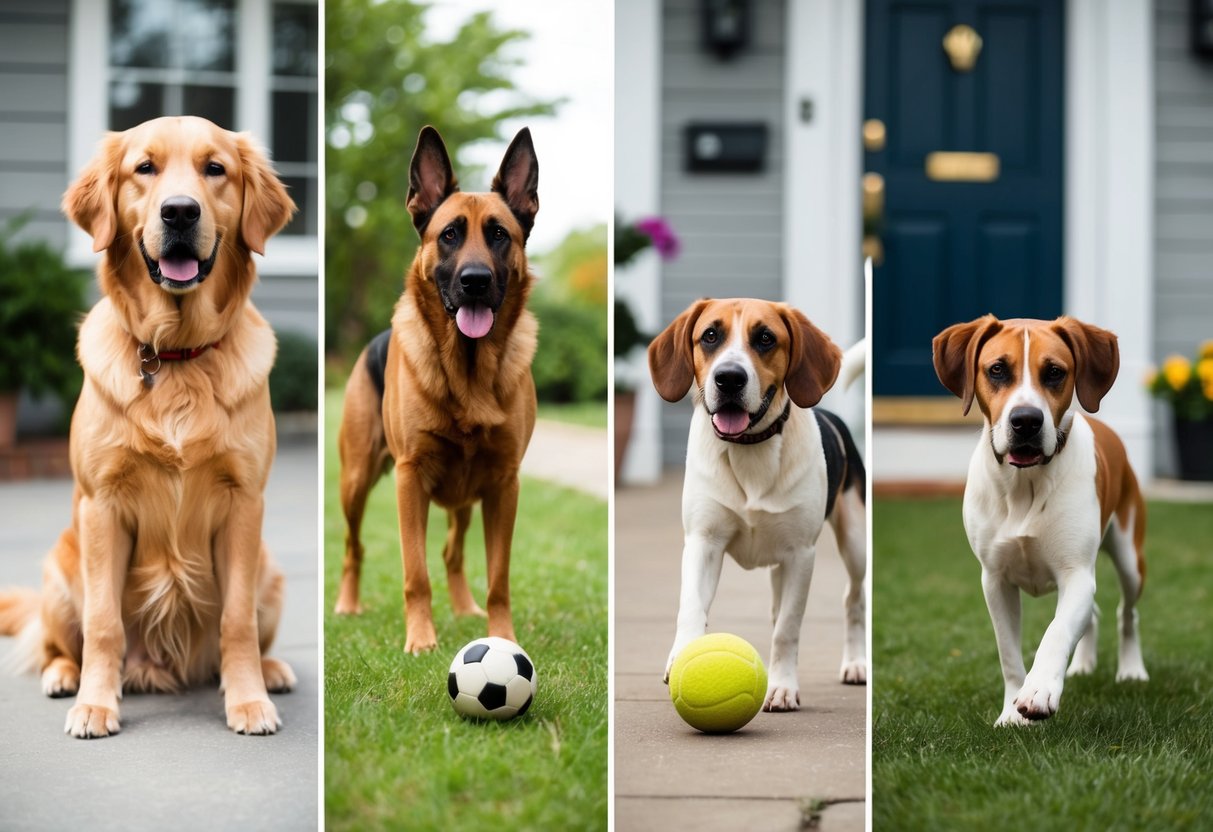 A golden retriever sitting faithfully by its owner's side, a German shepherd standing guard at a family's doorstep, a Labrador retriever eagerly fetching a ball, a beagle following its owner's scent trail, and a boxer nuzzling its owner's hand