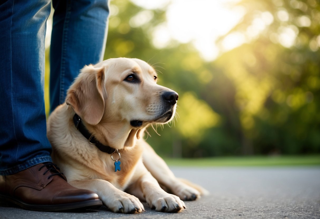 A loyal dog resting at the feet of its owner, gazing up with adoration and devotion