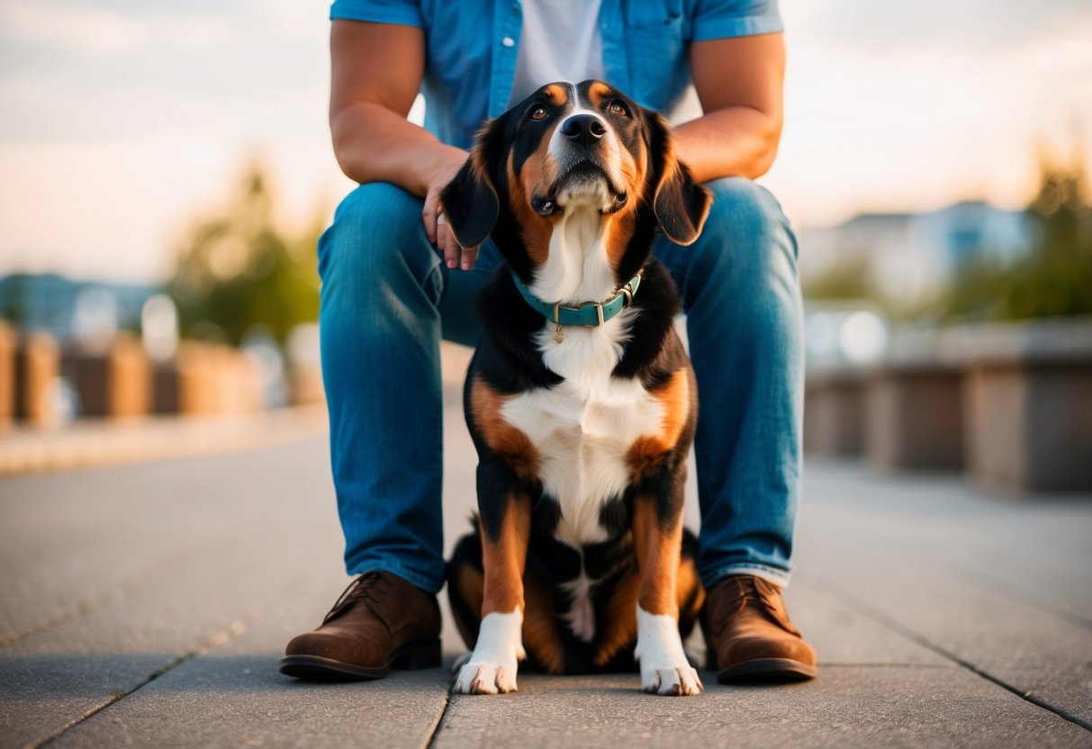 A loyal dog sitting at the feet of its owner, gazing up with adoring eyes