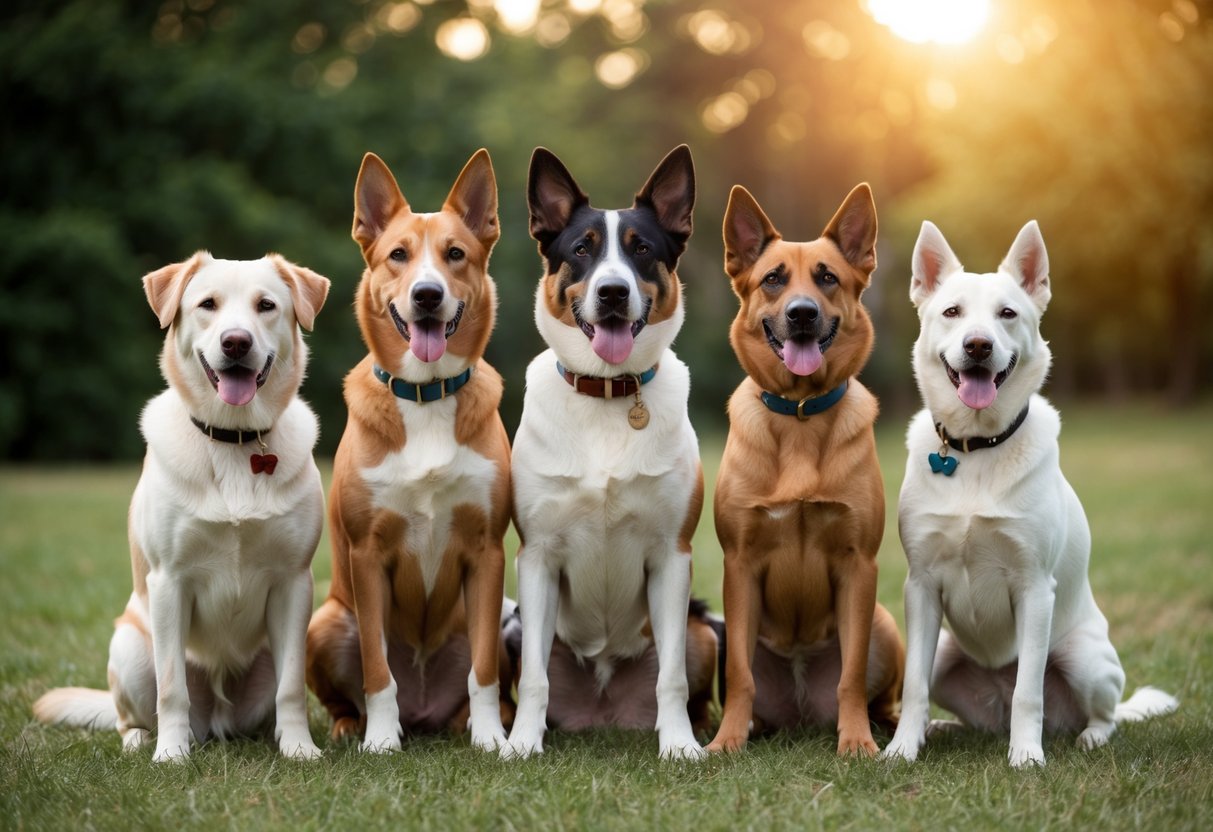 A family of five loyal dogs sitting together, each representing one of the top 5 most loyal dog breeds, showing their unique characteristics and personalities