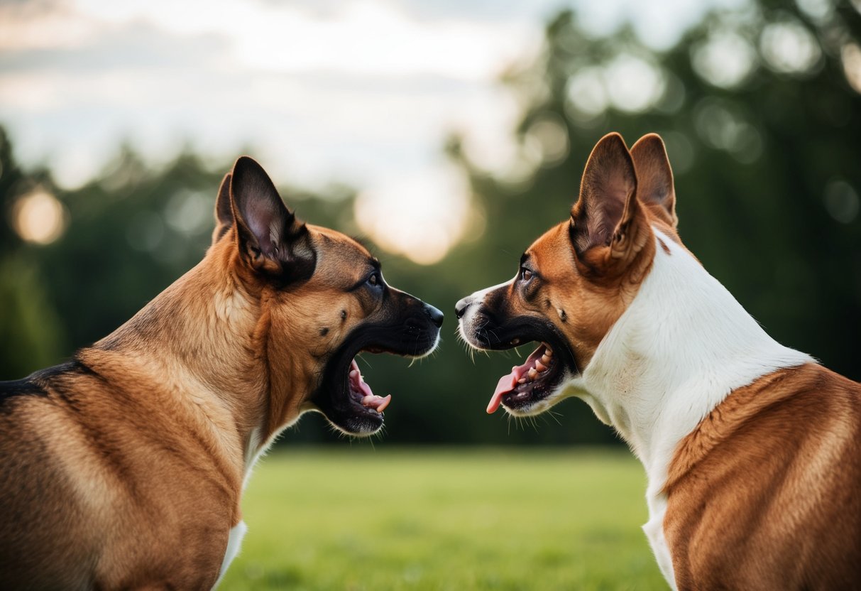 Two dogs turning away from each other, one with a snarl and the other with ears pinned back