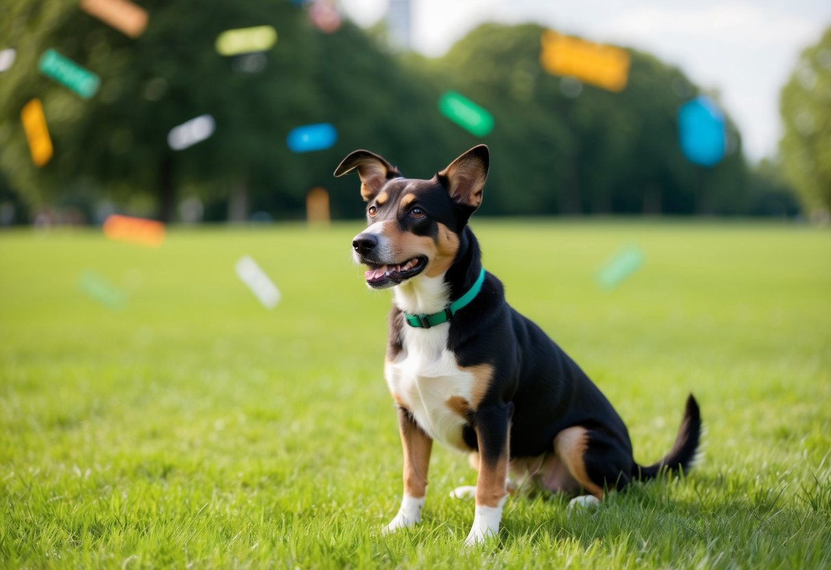 A dog in a grassy park, ears perked up, listening intently as various names are called out from a distance