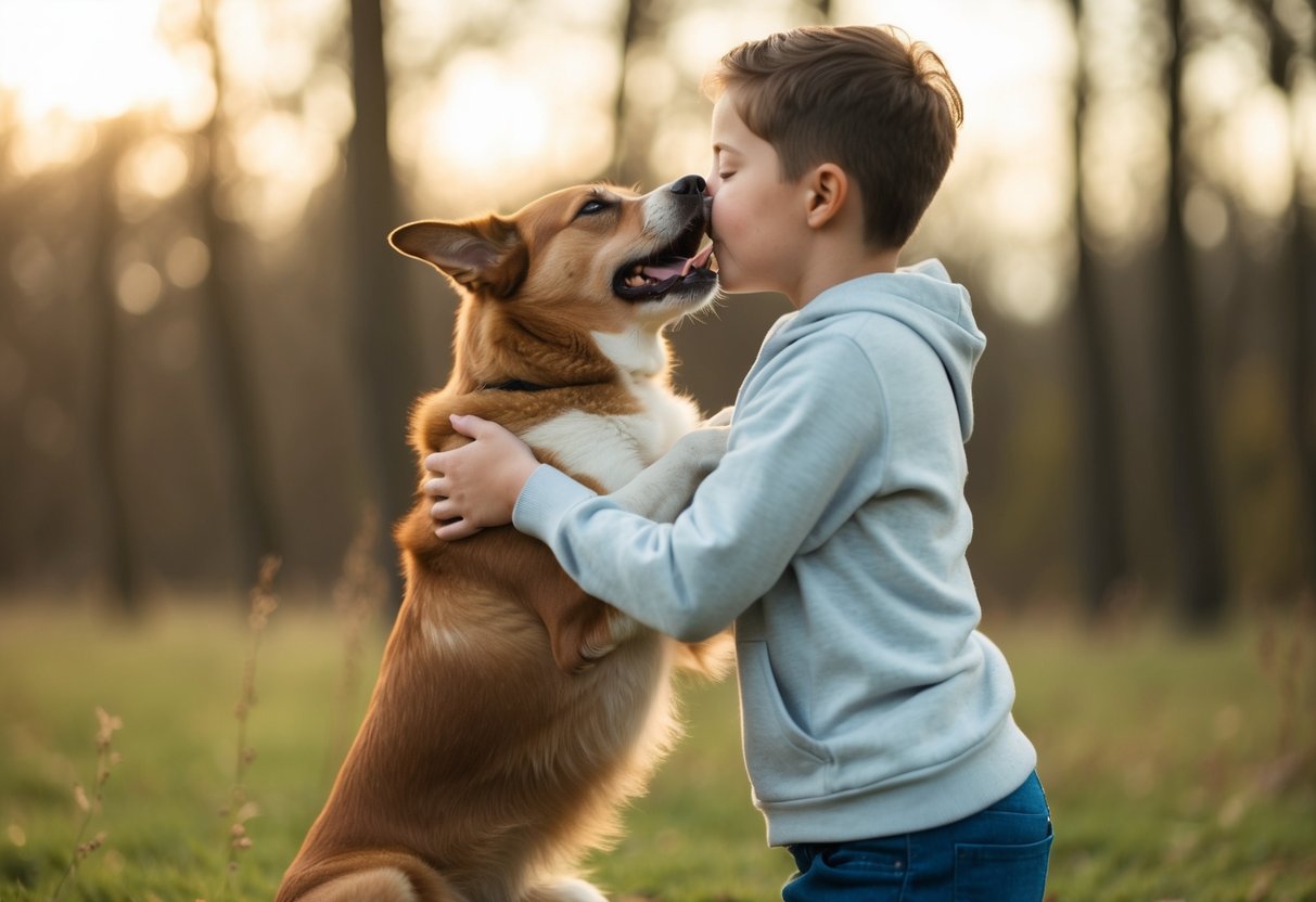 A dog recoiling from a person trying to hug or kiss it
