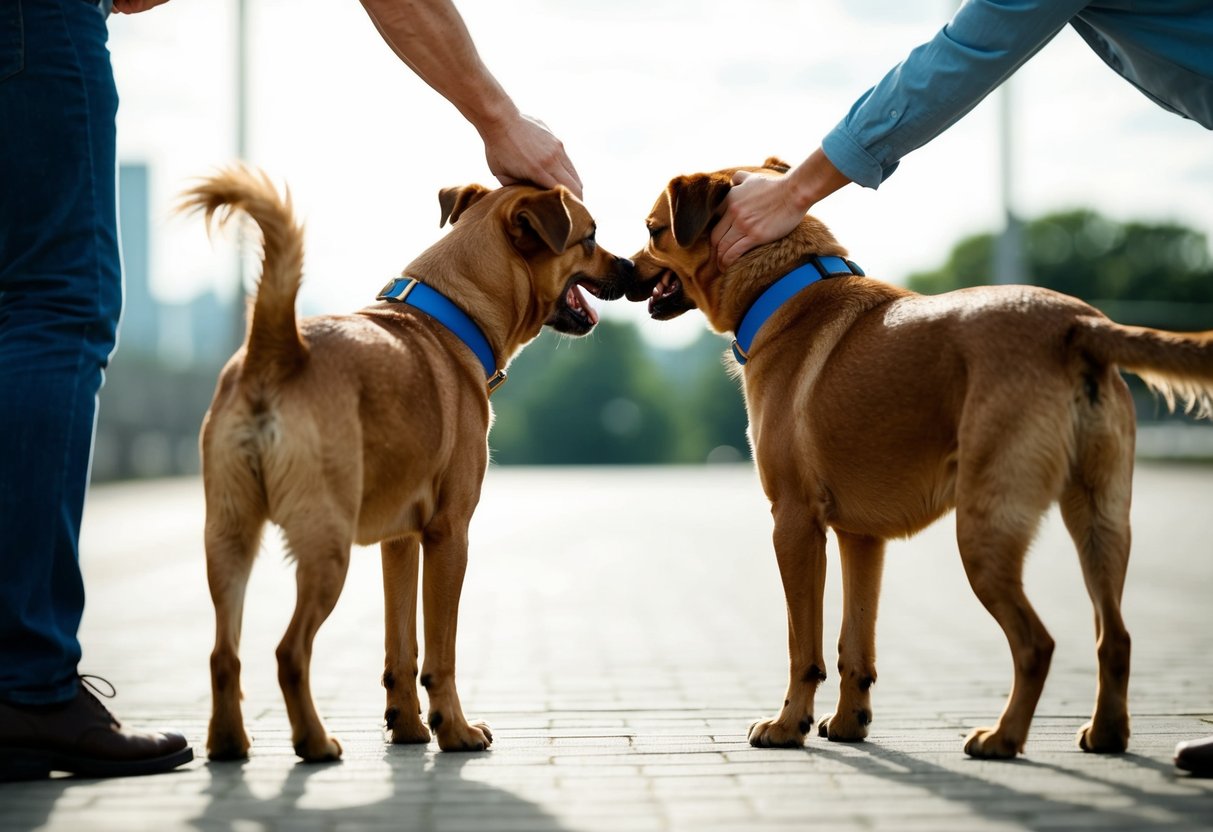 Two dogs turning away from a person trying to hug them