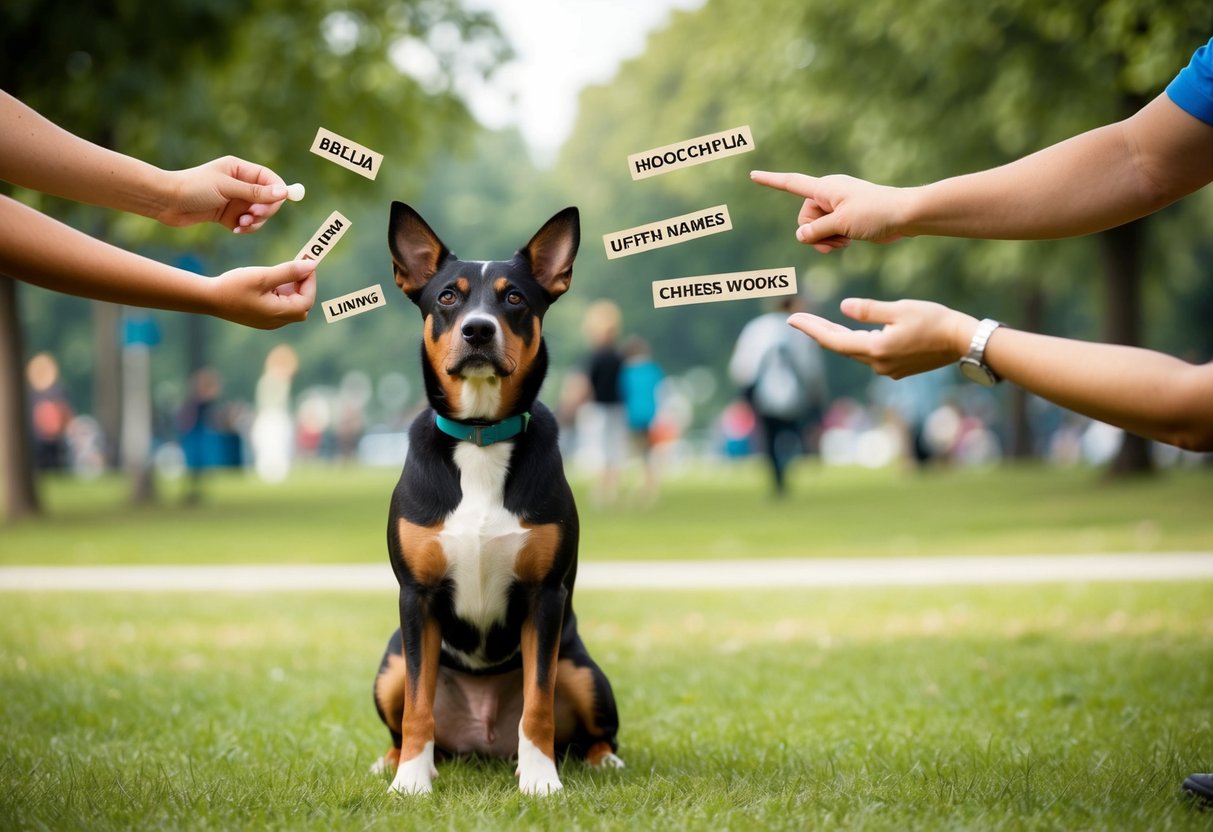 A dog sitting in a park, ears perked up, listening intently as different names are called out by their owners