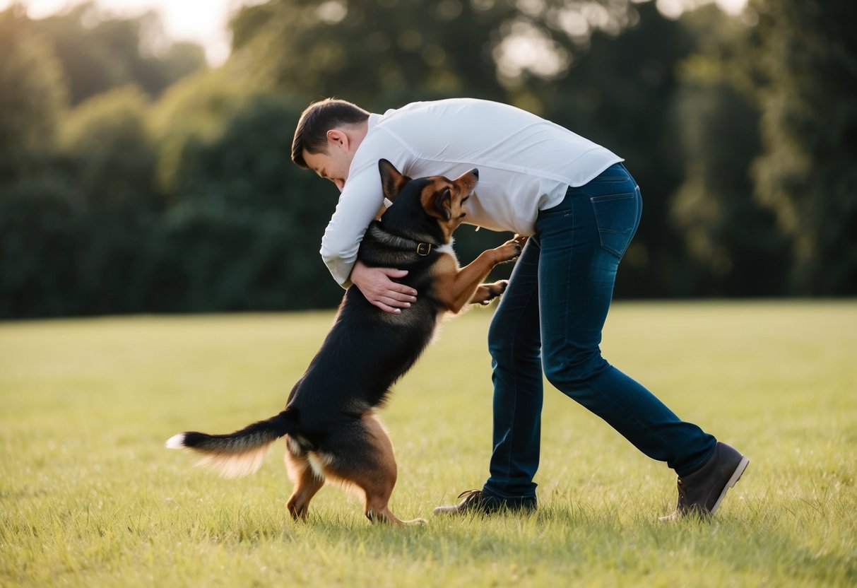 A dog recoils from a person attempting to hug it, ears pinned back and tail tucked between its legs