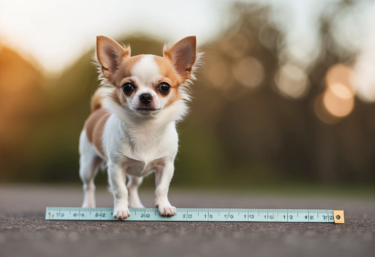 A tiny Chihuahua stands next to a ruler, showcasing its diminutive size