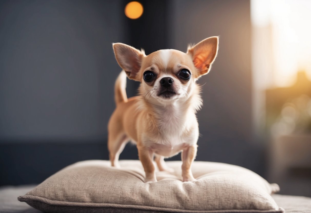 A tiny Chihuahua stands on a cushion, looking up with big, bright eyes. Its small frame and delicate features showcase the very smallest dog breed