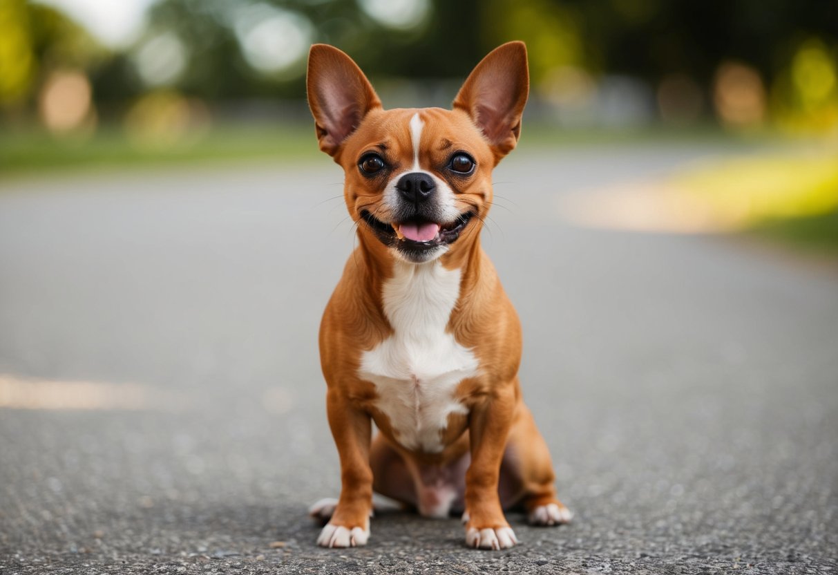 A small, feisty dog with a cocky expression, head held high and tail wagging confidently