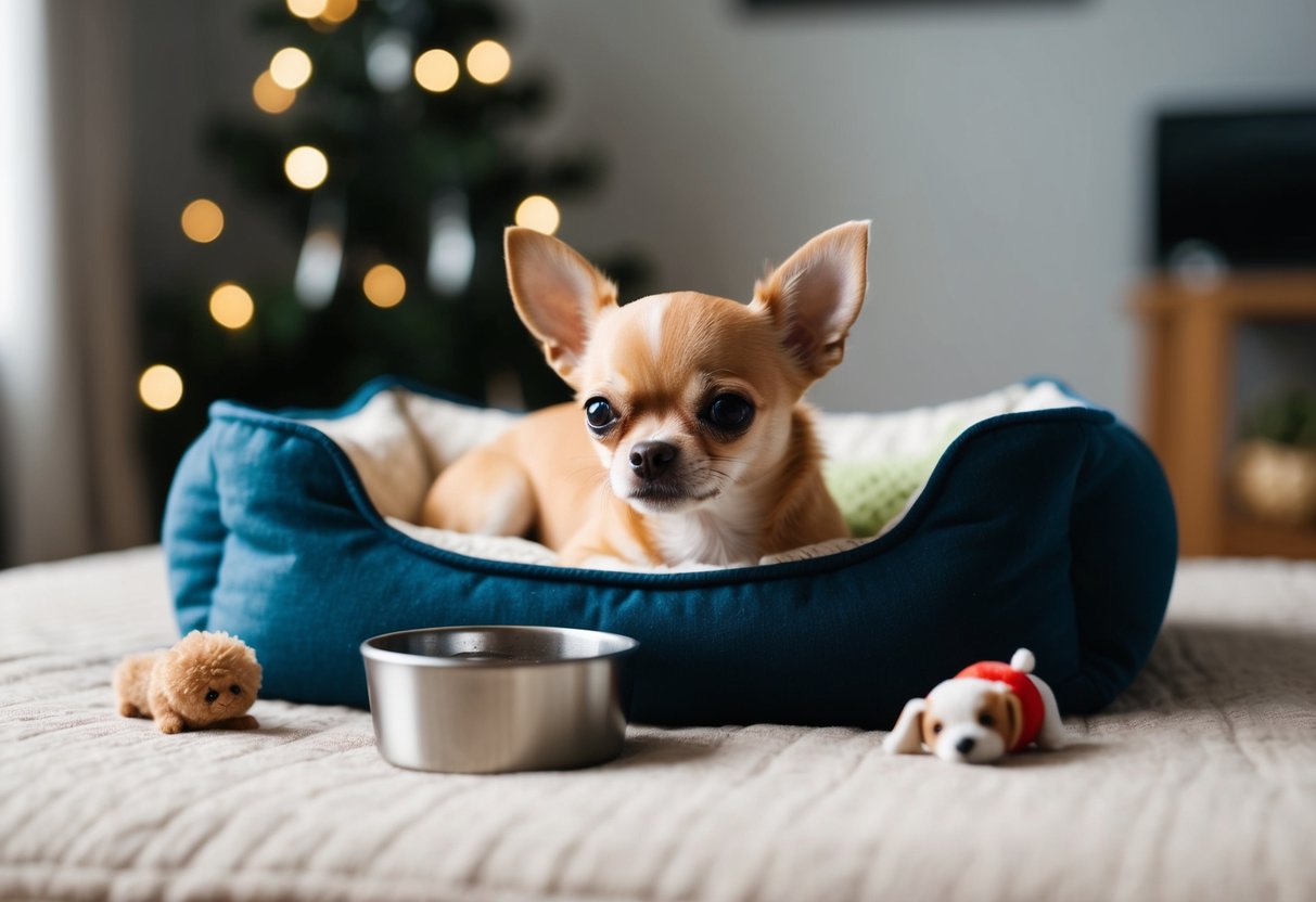 A tiny Chihuahua resting in a cozy bed, surrounded by small dog toys and a bowl of water