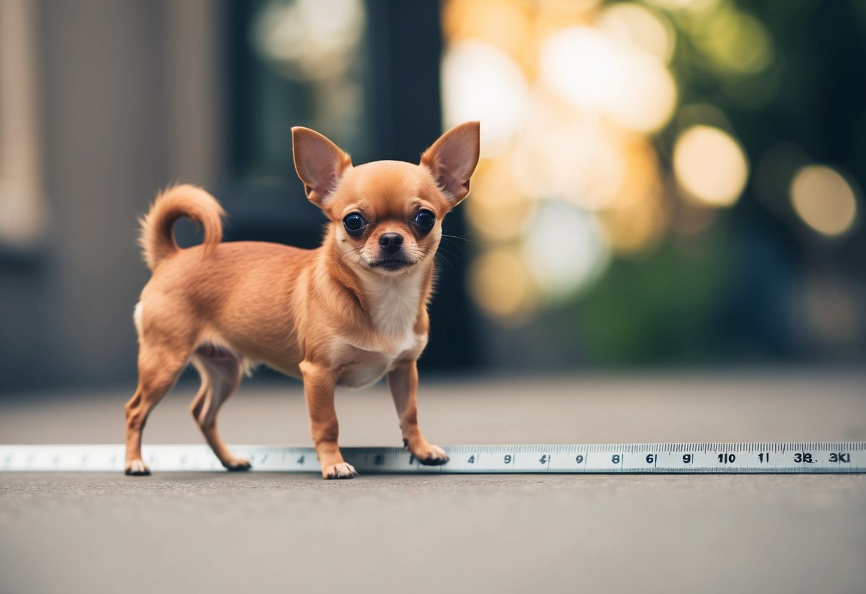A tiny Chihuahua stands next to a ruler, showcasing its small size