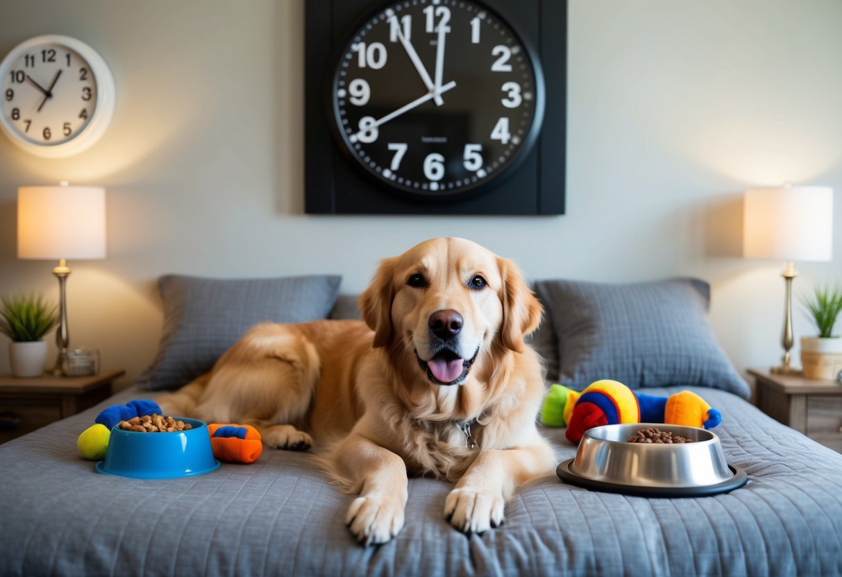A golden retriever lounging on a cozy bed, surrounded by toys and a food bowl, with a clock on the wall showing 8 hours passing