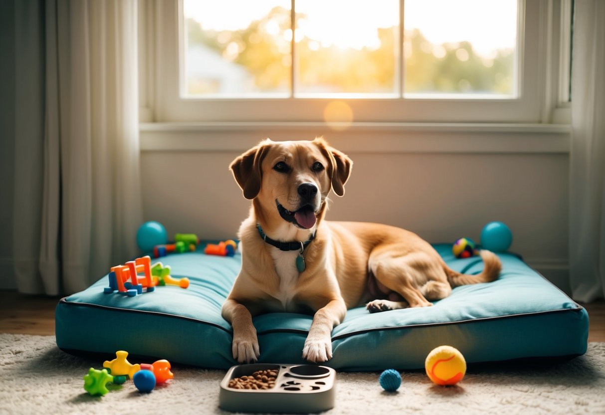 A contented dog lounges on a comfortable bed, surrounded by toys and a puzzle feeder, as sunlight streams in through the window