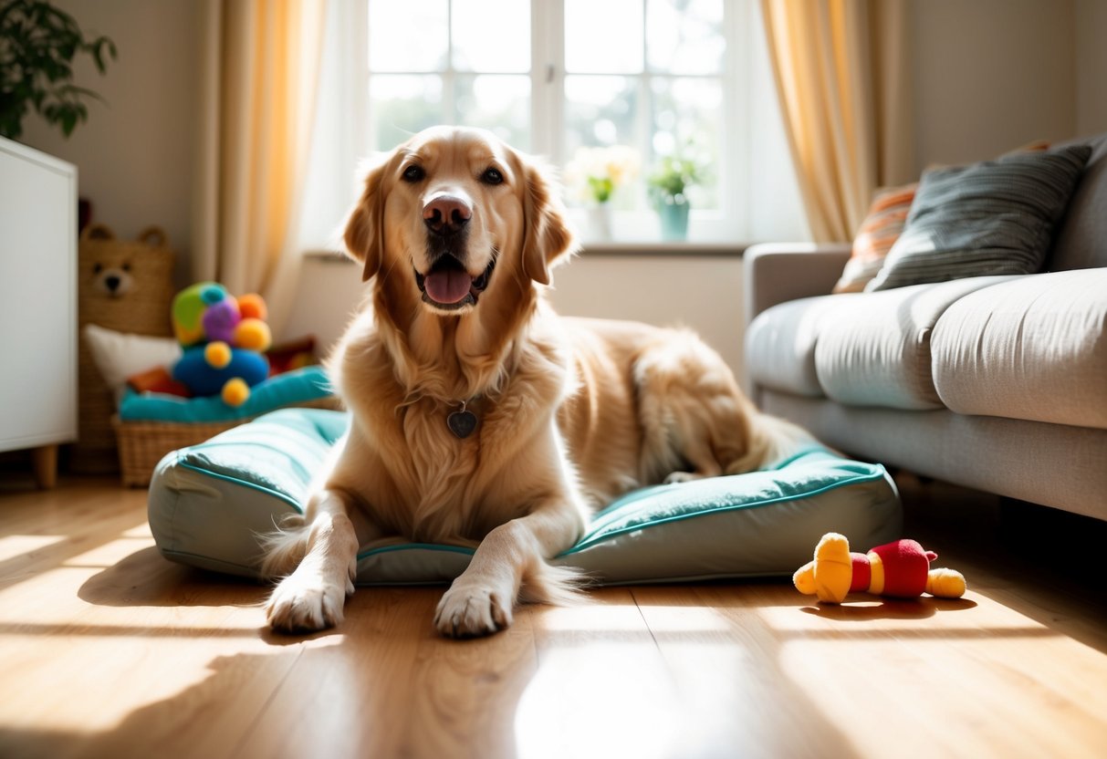A contented golden retriever lounges in a cozy living room, surrounded by toys and a comfortable bed, as sunlight streams in through the window