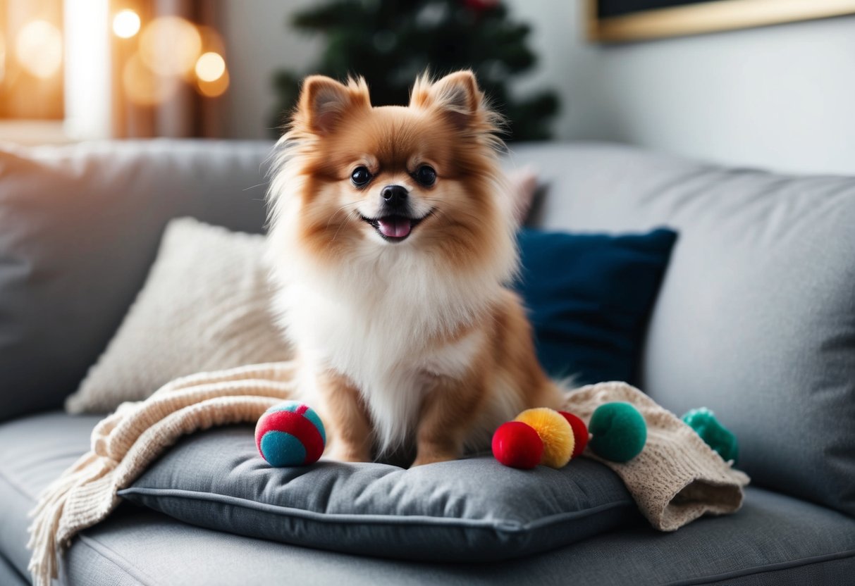 A small, fluffy Pomeranian dog sits on a cushion, surrounded by toys and a cozy blanket
