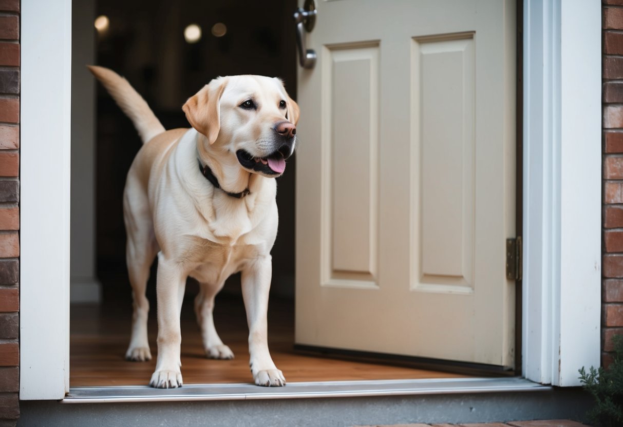 A Labrador retriever waiting patiently by the front door, tail wagging and eyes fixed on the horizon
