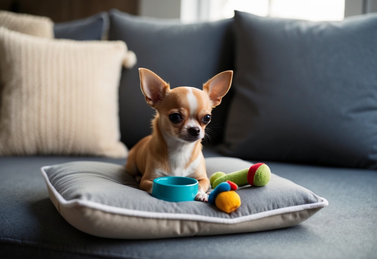 A small Chihuahua sits on a cozy cushion, surrounded by toys and a tiny water bowl