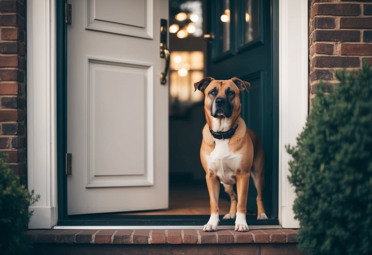 A faithful dog standing guard at the doorstep, gazing out with unwavering loyalty and dedication