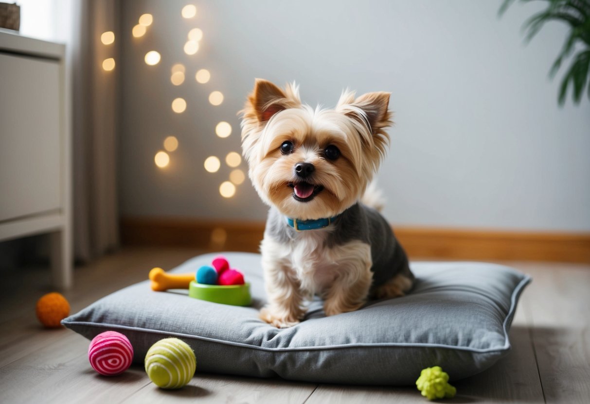 A small, fluffy dog sits on a cushion, surrounded by toys and a bowl of water. Its bright eyes and wagging tail show its happiness