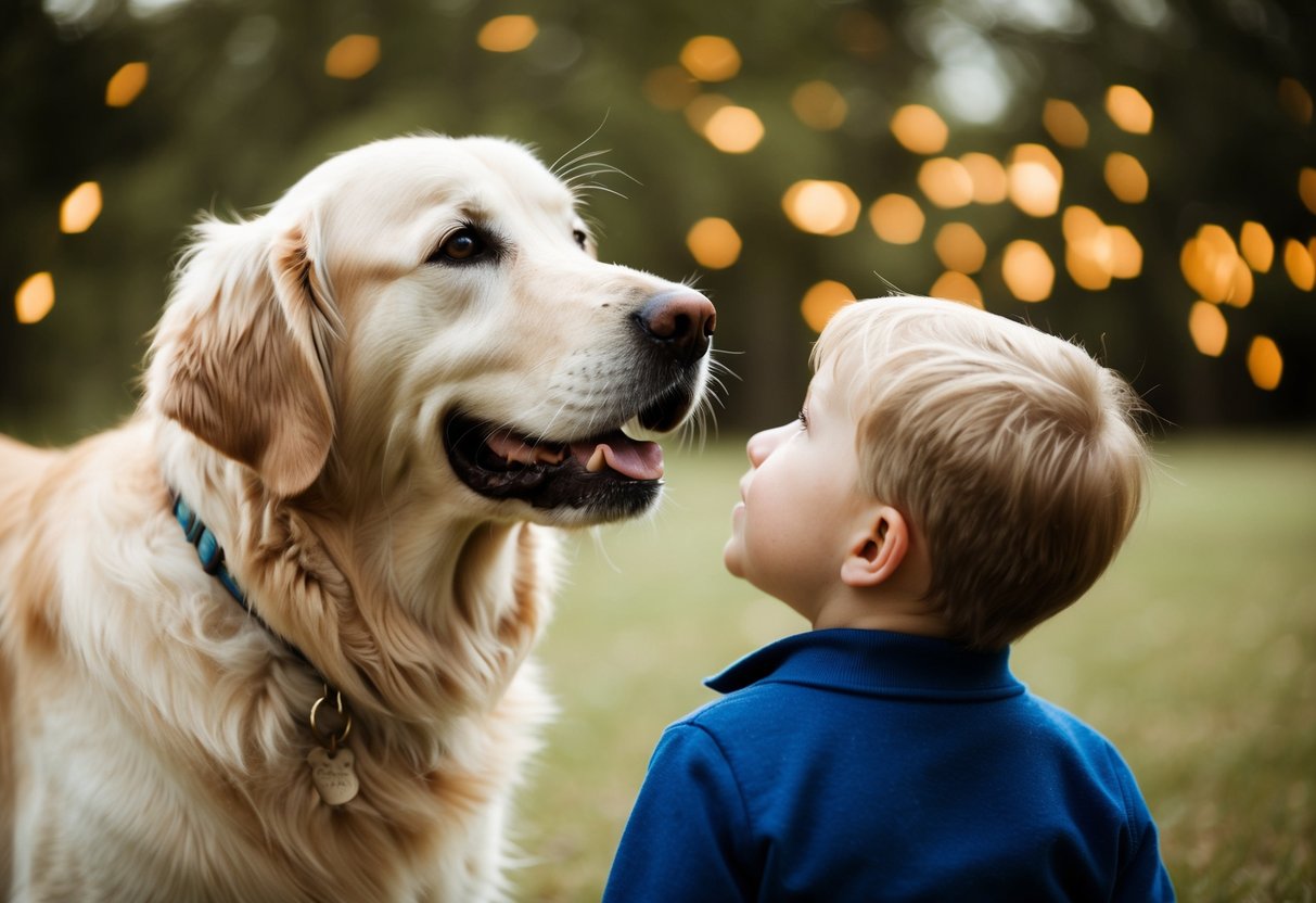 A golden retriever standing by a child's side, gazing up at them with adoring eyes