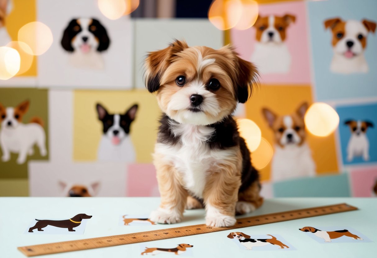 A small, fluffy dog sitting next to a ruler, surrounded by various small dog breed illustrations
