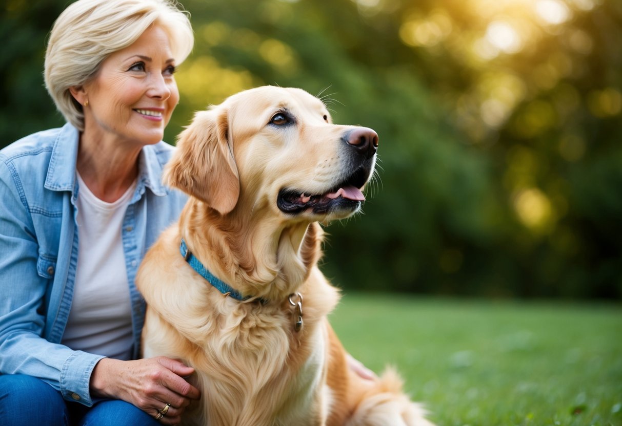 A golden retriever sitting faithfully by its owner's side, gazing up at them with adoring eyes