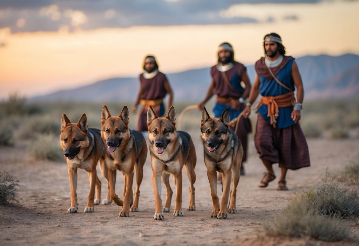 A pack of early canines roams alongside ancient humans, scavenging for food scraps and providing companionship