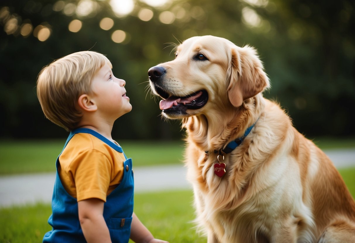 A golden retriever stands by a child's side, wagging its tail and looking up with adoring eyes