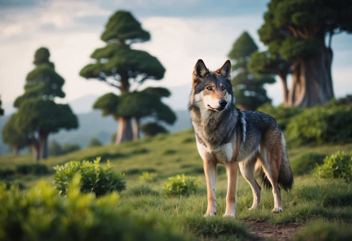 A wolf-like canine stands proudly in a prehistoric landscape, surrounded by lush greenery and towering trees, with a sense of ancient wisdom in its eyes