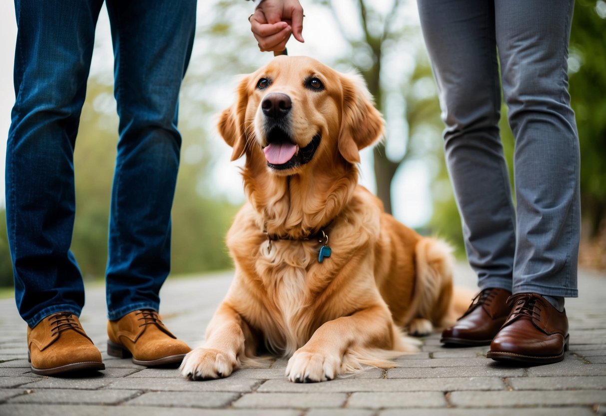 A golden retriever sitting faithfully at the feet of its owner, gazing up with adoring eyes