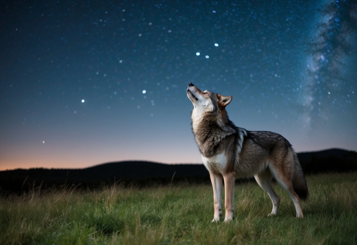 A wolf-like animal standing in a grassy landscape, looking up at the stars in the night sky