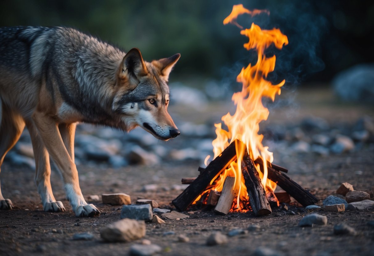A wolf-like animal approaches a campfire, drawn to the warmth and scraps of food left behind by early humans