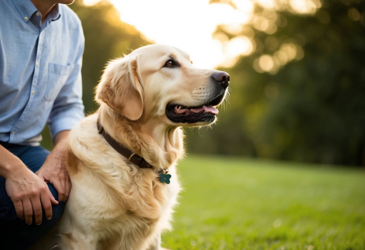 A golden retriever sitting faithfully by its owner's side, gazing up at them with adoring eyes