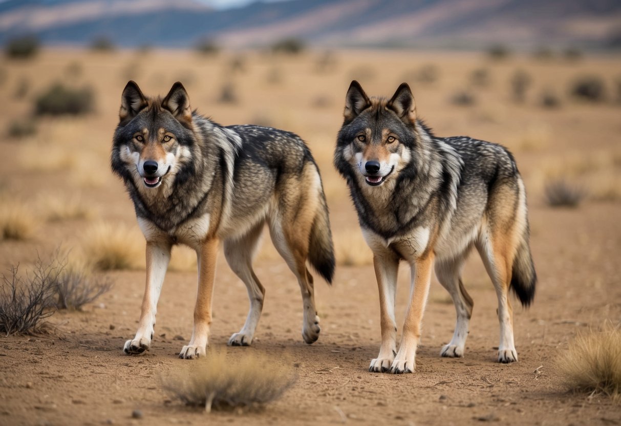 Two ancient wolves roam a prehistoric landscape, their wild ancestors of the first known dogs