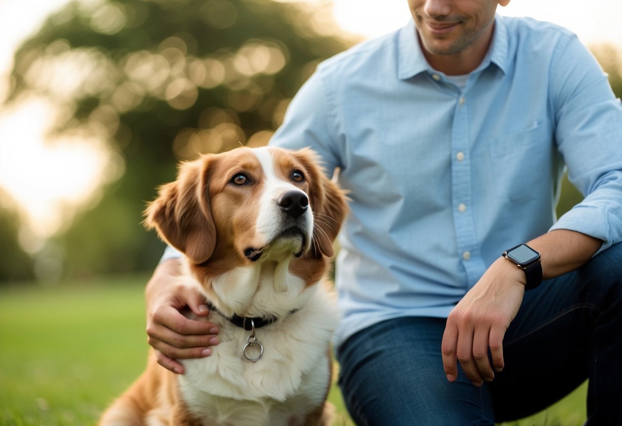 A loyal dog sitting by its owner's side, looking up with adoring eyes