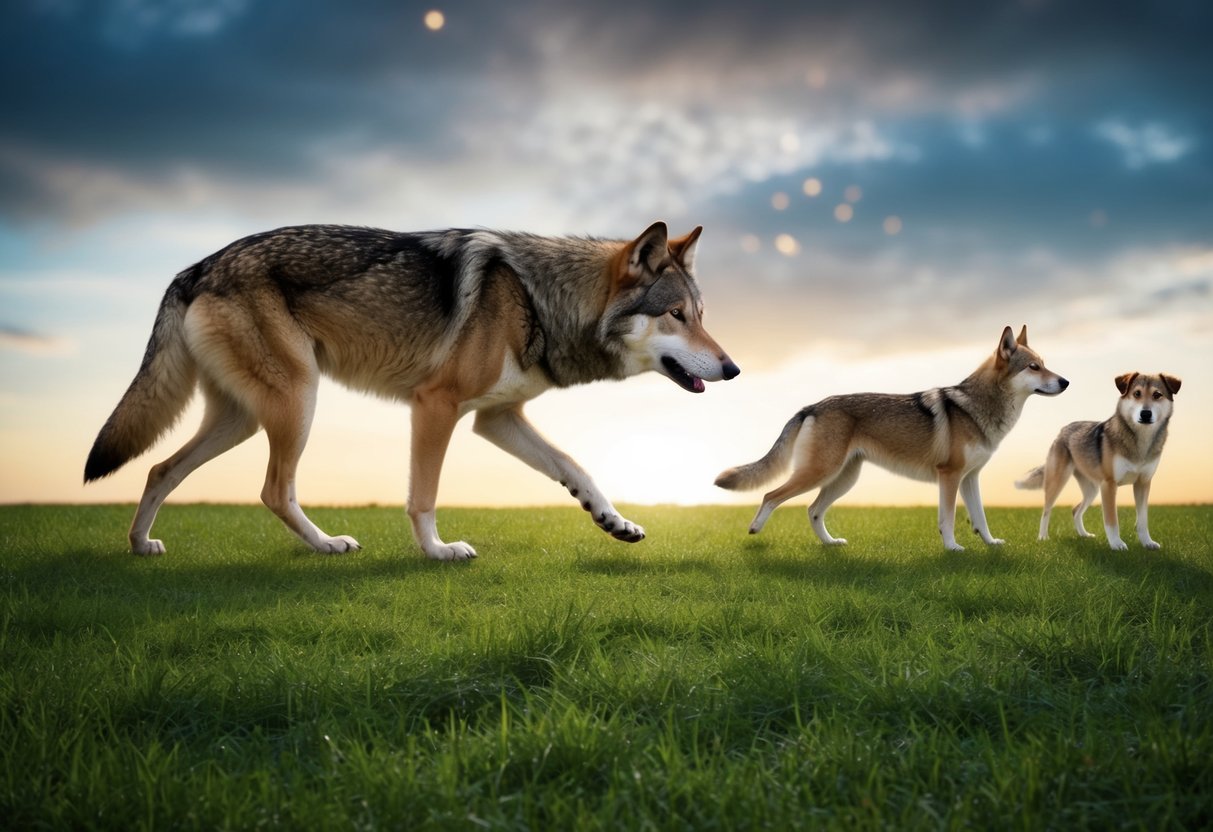A wolf-like animal evolves into the first dog, showing changes in size, coat, and behavior over time