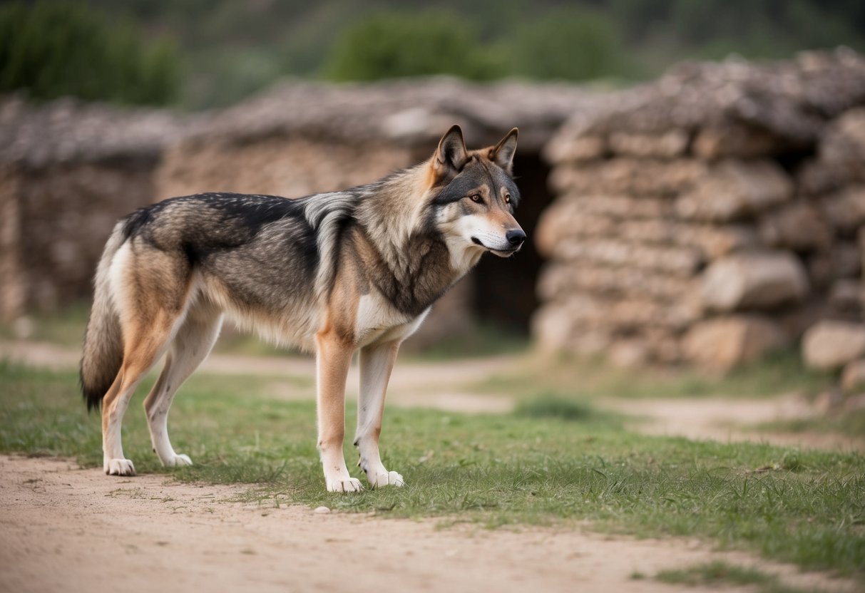 A wolf-like canine stands beside a prehistoric human settlement, showing signs of domestication