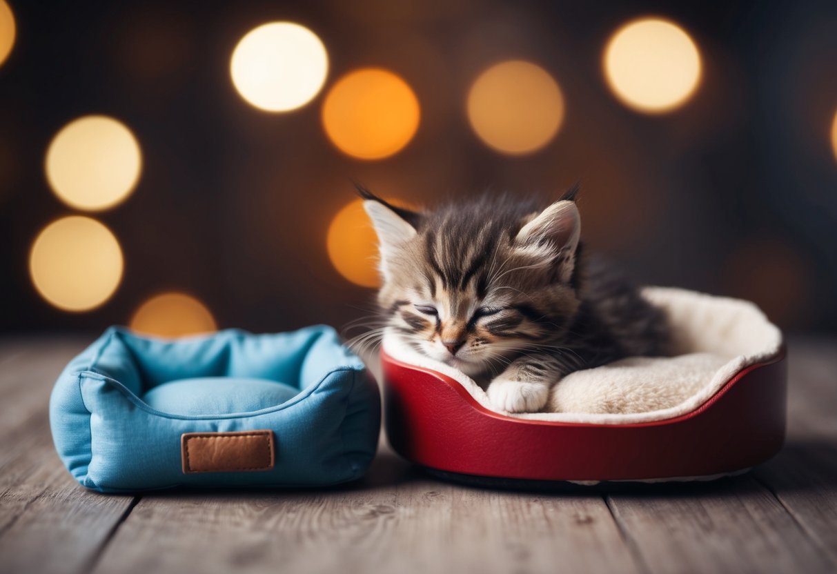 A tiny kitten sleeping next to a miniature dog bed