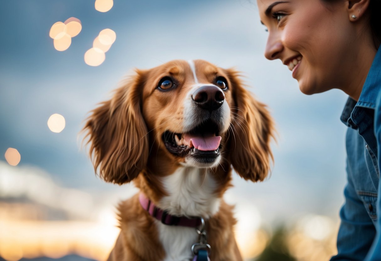 A dog looking up at a person with a wagging tail